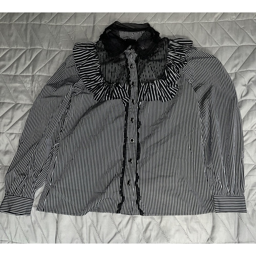 Andrea Bogosian Womens Lace Collared Button Up Striped Gray Black Blouse Small